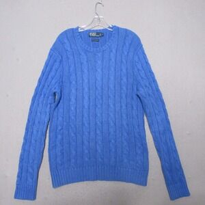 Vintage Polo Ralph Lauren Sweater‎ Men Large Blue Tussah Silk Cable Knit Preppy